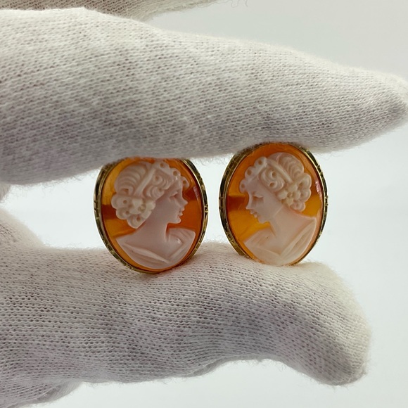 Genuine Cameo & 14K Gold Earrings, Marked 14K 585 and Italy, Hand Carved - Picture 11 of 12